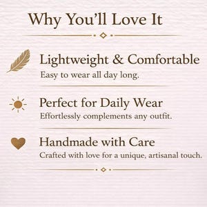 May include: Text graphic with the title "Why You'll Love It" and three bullet points: Lightweight & Comfortable, Perfect for Daily Wear, and Handmade with Care. The background is a light pink with decorative elements.