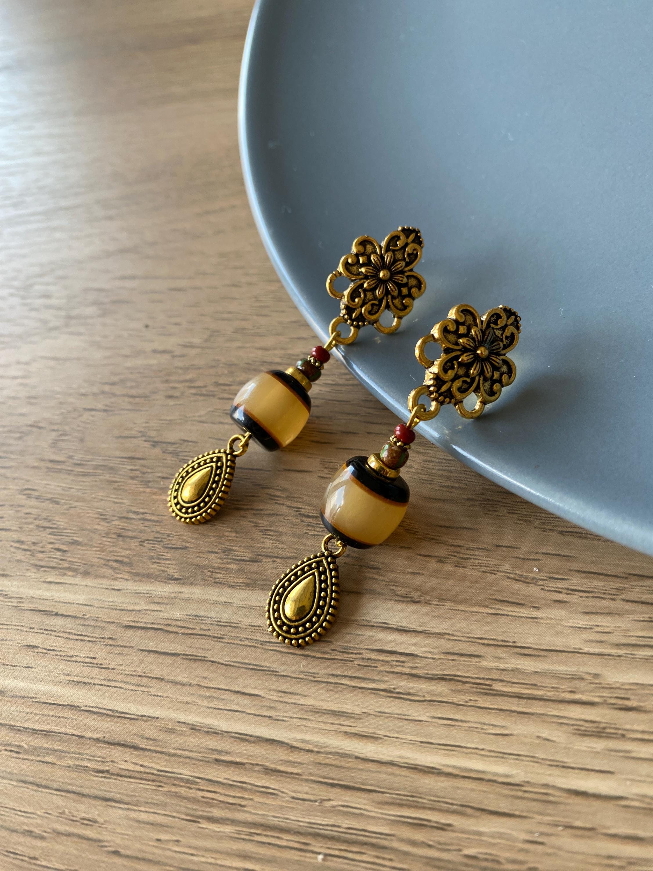 Boucles D'oreille Vintage Années 90 - Clips Dorés Avec Cabochon Bleu Résine, Style Rétro Italien