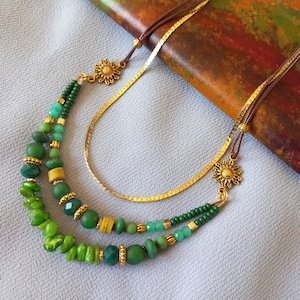 Multi strands green stone ethnic necklace for women Turkish vintage jewelry Statement handmade jewellery