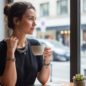Op de afbeelding: Een persoon in een zwart topje zit aan een houten tafel en houdt een witte koffiekop vast. Ze draagt een kralenketting en armbanden. Een notitieboek, een bril en een kleine vetplant staan op tafel.