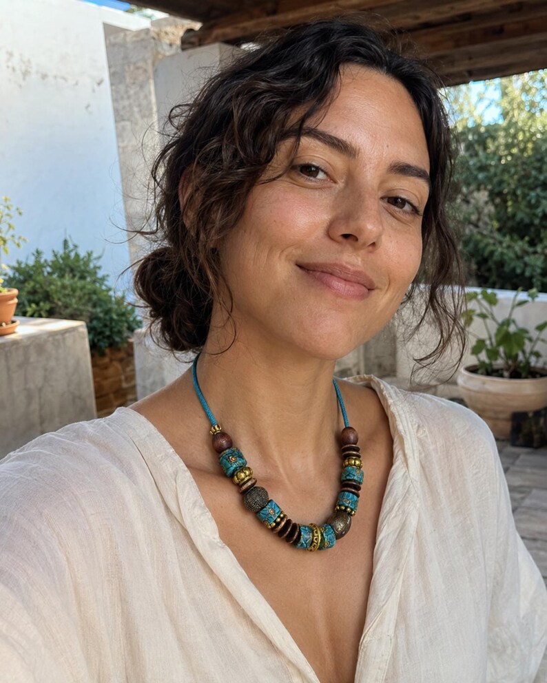 Turkish Chunky Wood Beaded Necklace – Tribal Boho Statement Jewelry image 7