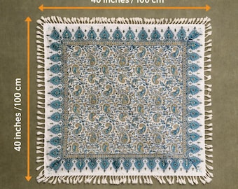 Boho Ghalamkar Tablecloth 40x40 Inches – Hand Printed Cotton Sofreh – Termeh Style Square Table Cover – Boho Table Decor – Nowruz Haftsin