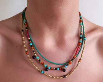 Boho Multi-Strand Beaded Necklace for Women – Ethnic Layered Handmade Jewelry