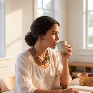 May include: A woman seated at a wooden table, sipping from a beige mug. She wears a white blouse and a multi-strand beaded necklace. Open books and a basket of colorful pom-poms are also on the table, suggesting a creative or relaxing setting.