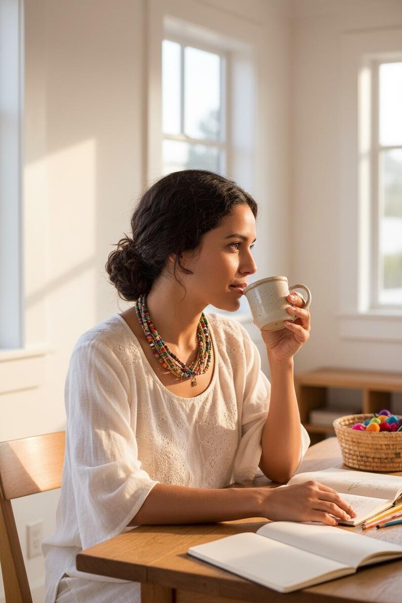 May include: A woman seated at a wooden table, sipping from a beige mug. She wears a white blouse and a multi-strand beaded necklace. Open books and a basket of colorful pom-poms are also on the table, suggesting a creative or relaxing setting.