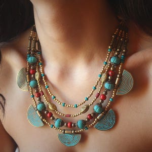 Tibetan Ethnic Boho Bib Necklace – Multi Strand Tribal Jewelry – Handmade Statement Necklace for Women