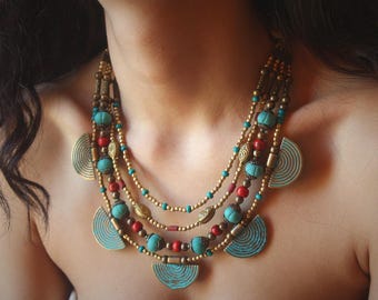 Tibetaanse etnische boho-slabketting – tribale sieraden met meerdere strengen – handgemaakte statementketting voor dames