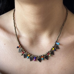 Boho Tribal Necklace with Antique Brass Triangle Charms and Colorful Beads