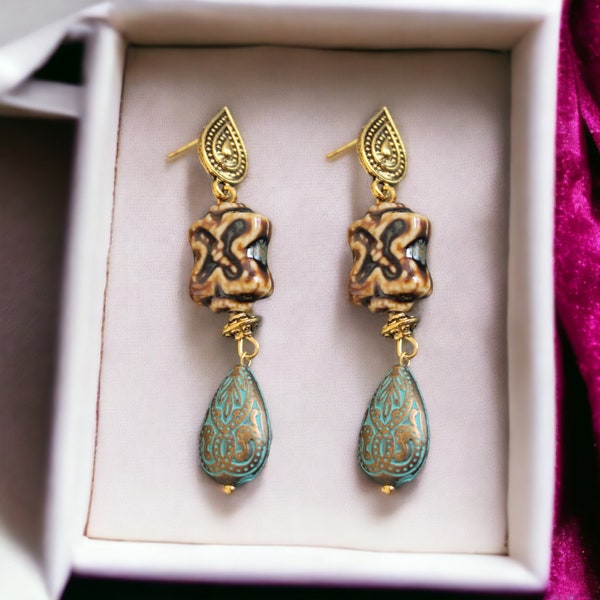 Boho Earrings, Antique Brass Dangle Earrings, Middle Eastern Tribal Jewelry