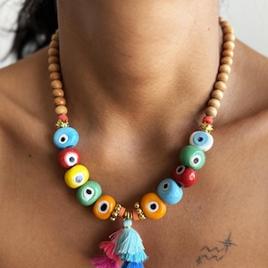 Turkish Colorful Evil Eye Necklace with Tassels – Handmade Ethnic Wooden Beads Jewelry
