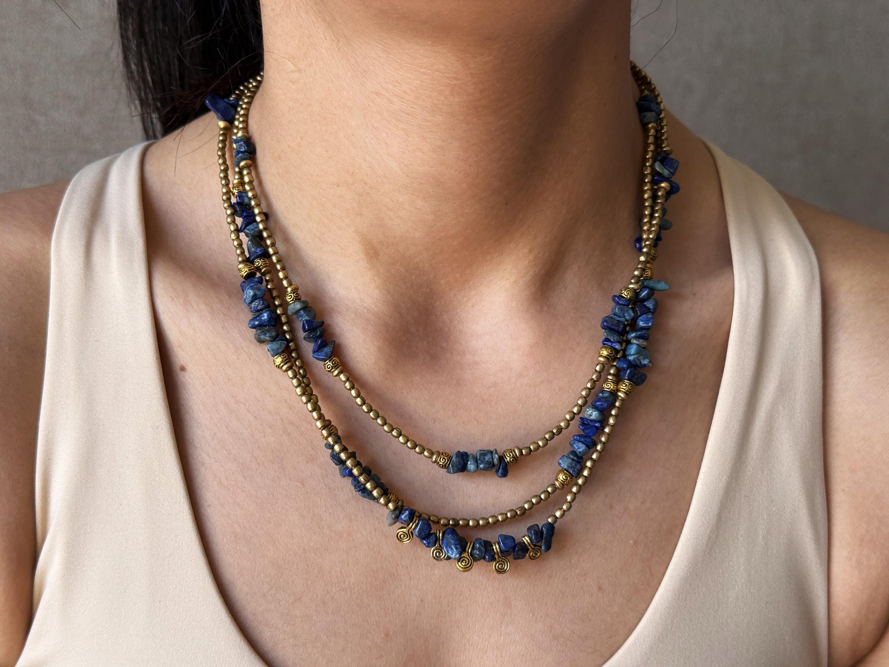 Collier Plastron Art Déco Années 1920 En Laiton Et Perles Lapis Lazuli - Occasion