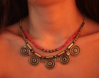 Indian boho bib necklace ethnic antique Tibetan Nepali jewelry for women