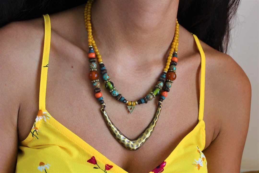 Multi Strands Beaded Necklace for Women Bohemian Statement Jewelry