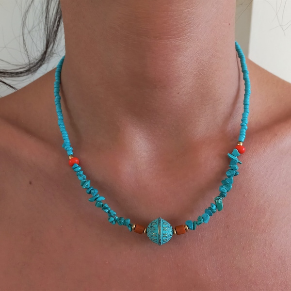 Turkish Turquoise gemstone necklace for women Boho jewelry Ethnic tribal necklace