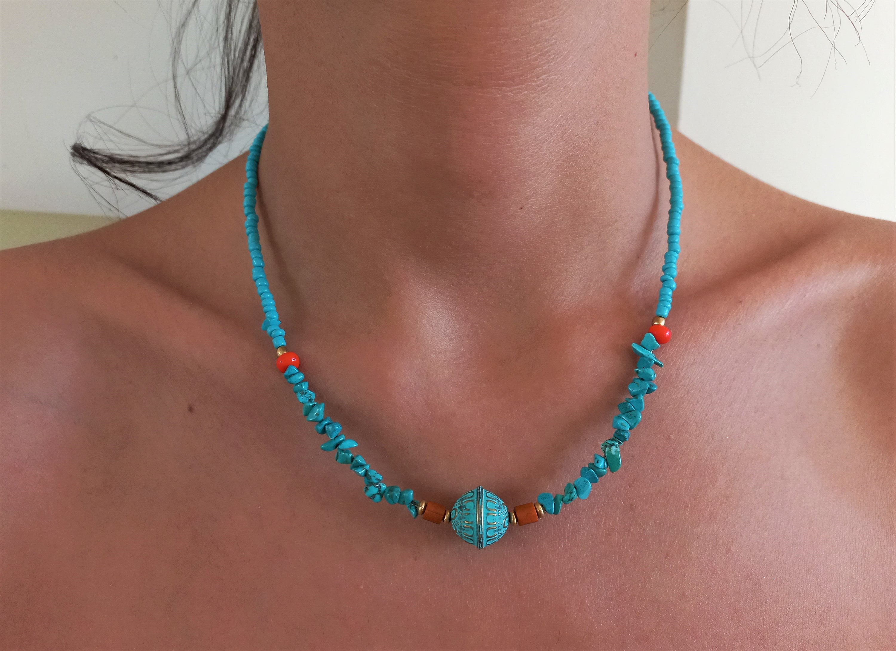 Turkish Turquoise gemstone necklace for women Boho jewelry Ethnic tribal necklace