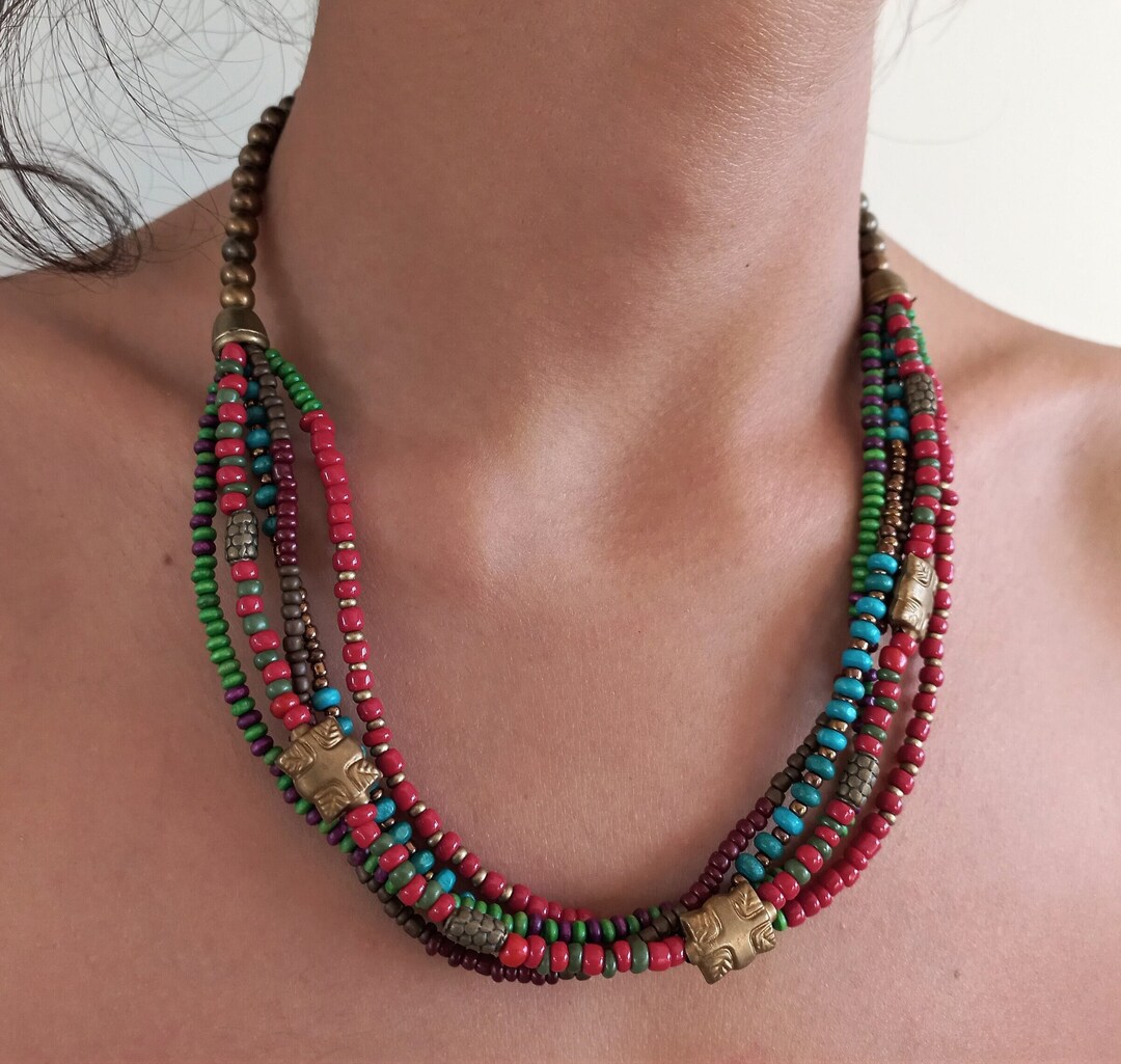 Turkish Boho Bib Necklace Multi Layer Ethnic Beaded Necklace Tibetan