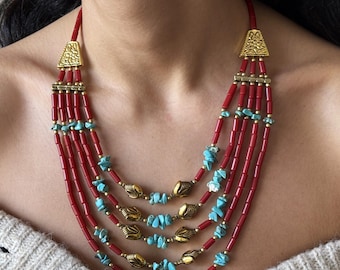 Red Boho Statement Necklace, Festival Beaded Necklace, Multi Strand Summer Jewelry, Ethnic Tribal Necklace, Gift for Her