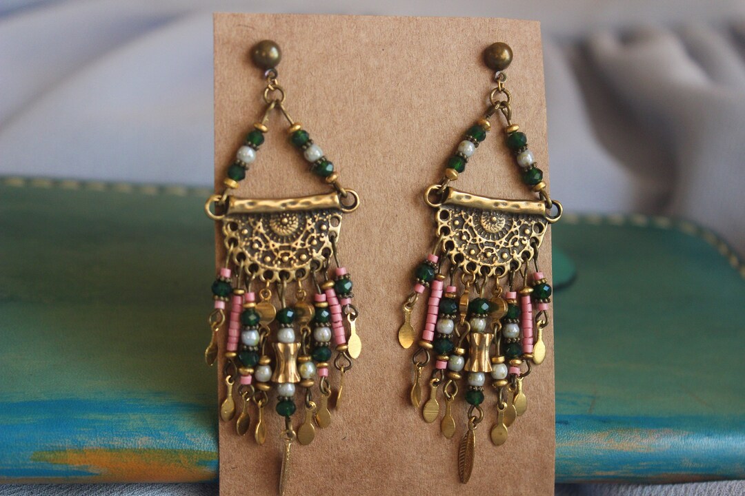 Boucles D'oreilles Pendantes Vintage Bohème - Motif Tribal Fleur De Vigne - Acier Inoxydable - 38x41 Mm - Cadeau Femme