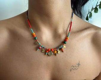 Turkish Boho Tribal Charm Necklace – Handmade Colorful Festival Jewelry