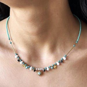 Handmade Turquoise Beaded Necklace: Gold Charm Evil Eye Boho Jewelry