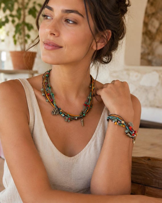 Colorful Boho Necklace Bracelet Set, Festival Beaded Jewelry, Multi Strand Layered Necklace, Gift for Her