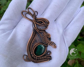 Handmade Wire Wrapped Rabbit Pendant – Bunny Pendant - Copper Jewelry with Green Opalized Stone – Unique Animal Necklace, Artisan Gift