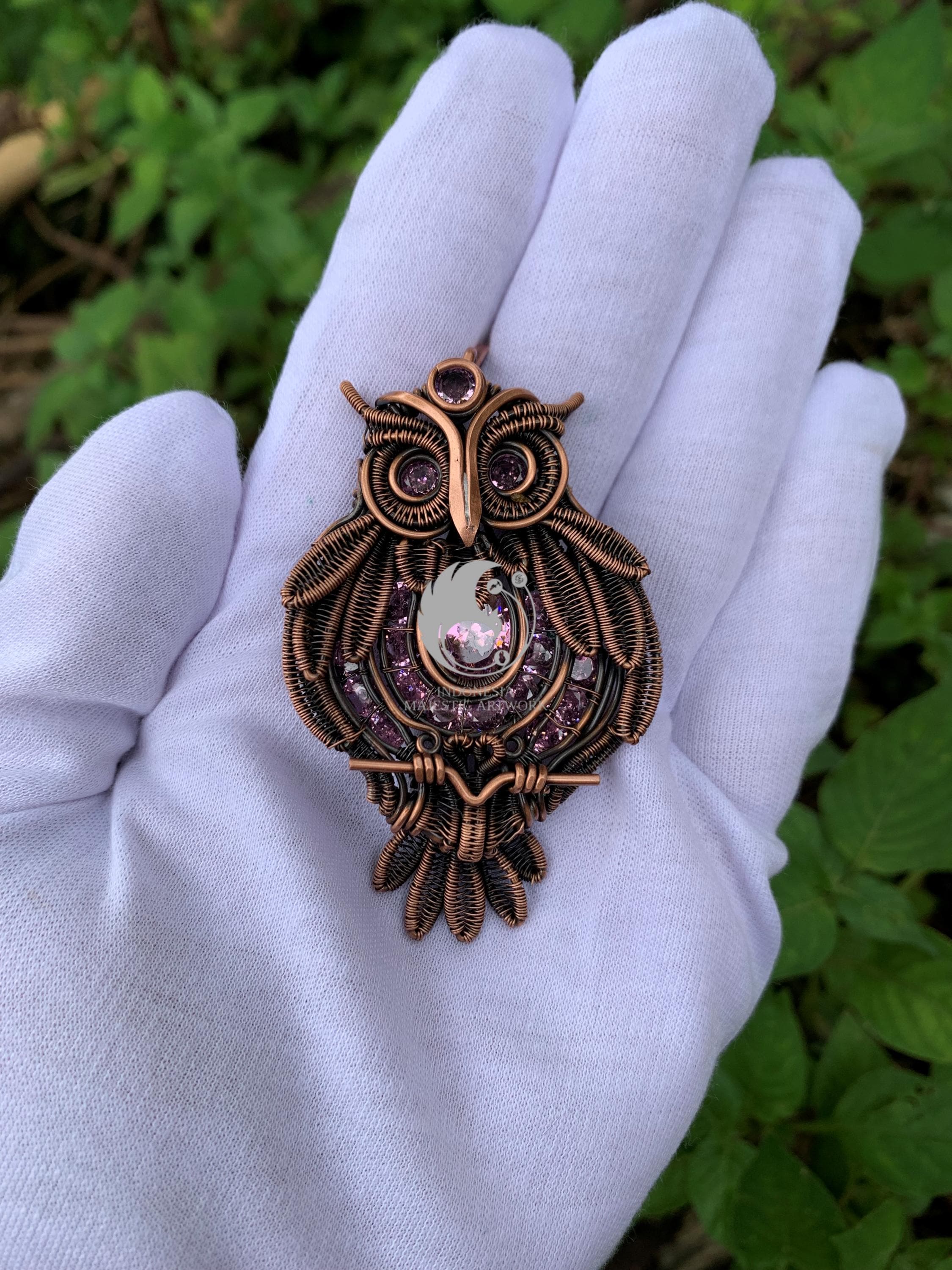 Wire Wrapped Copper Owl Pendant, Pink Ruby Catam Gemstone Necklace