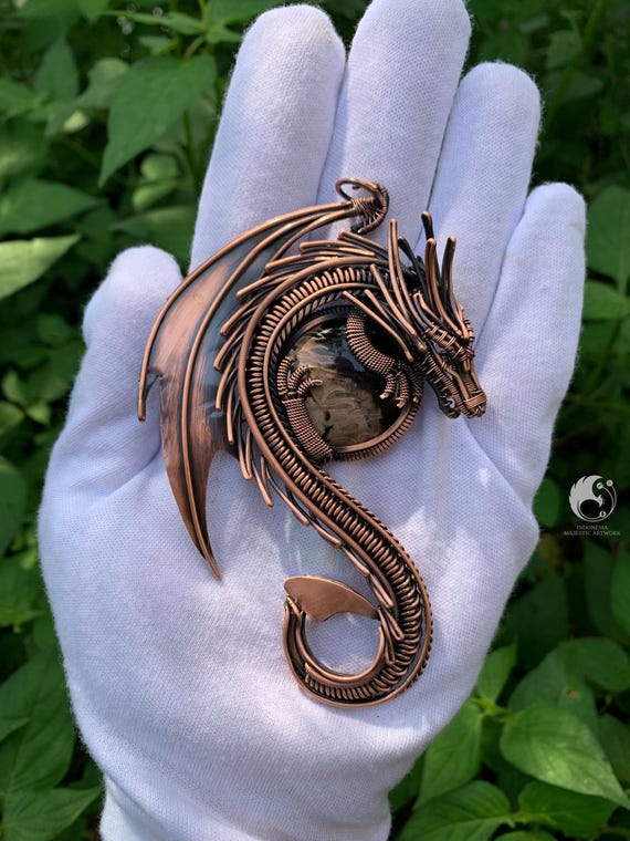 Wire Wrapped Dragon Pendant: Fossil Palm Root Stone, Oxidized
