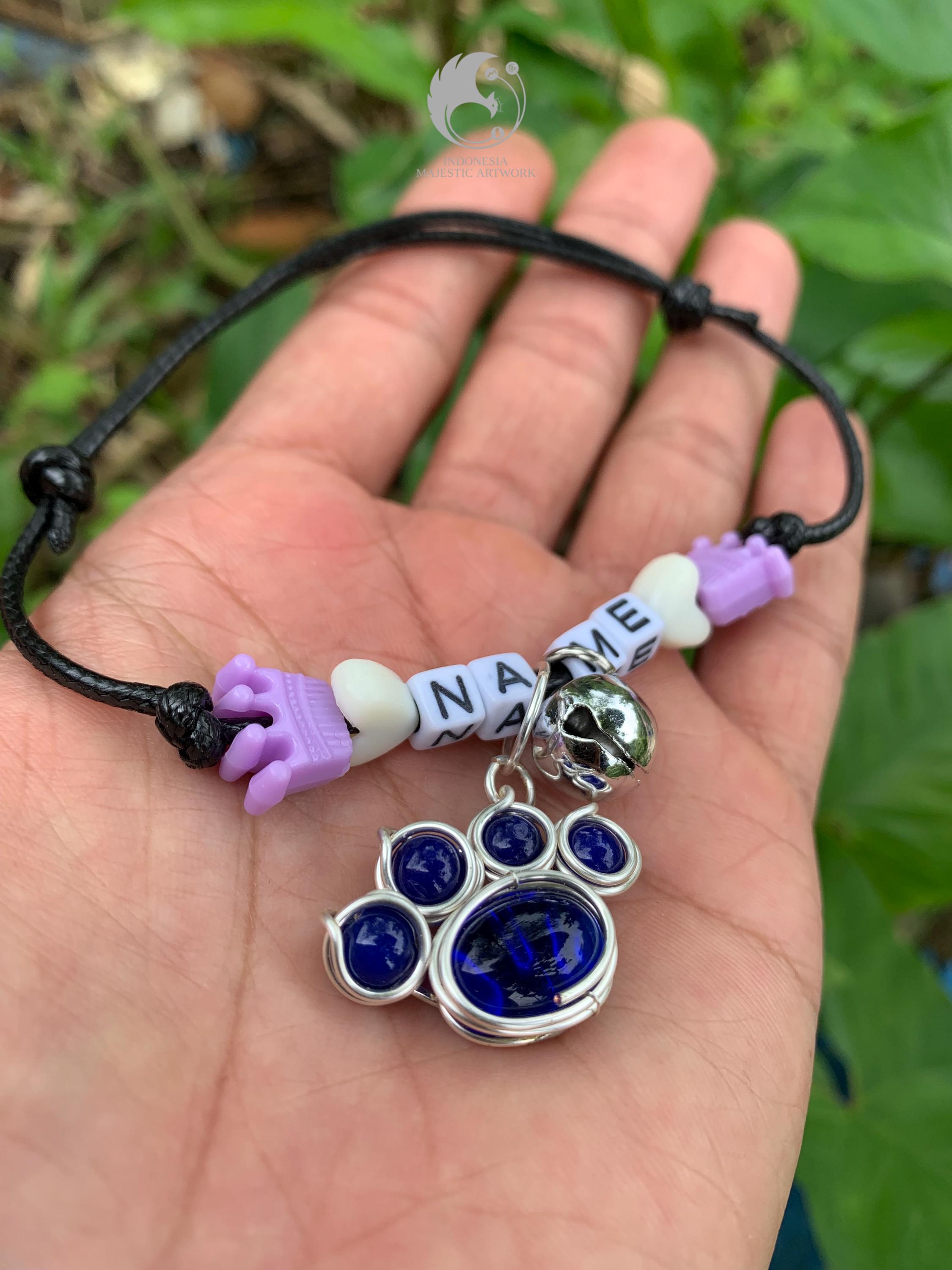 Custom Pet Collar Name Beads, Silver Paw Pendant, Bell