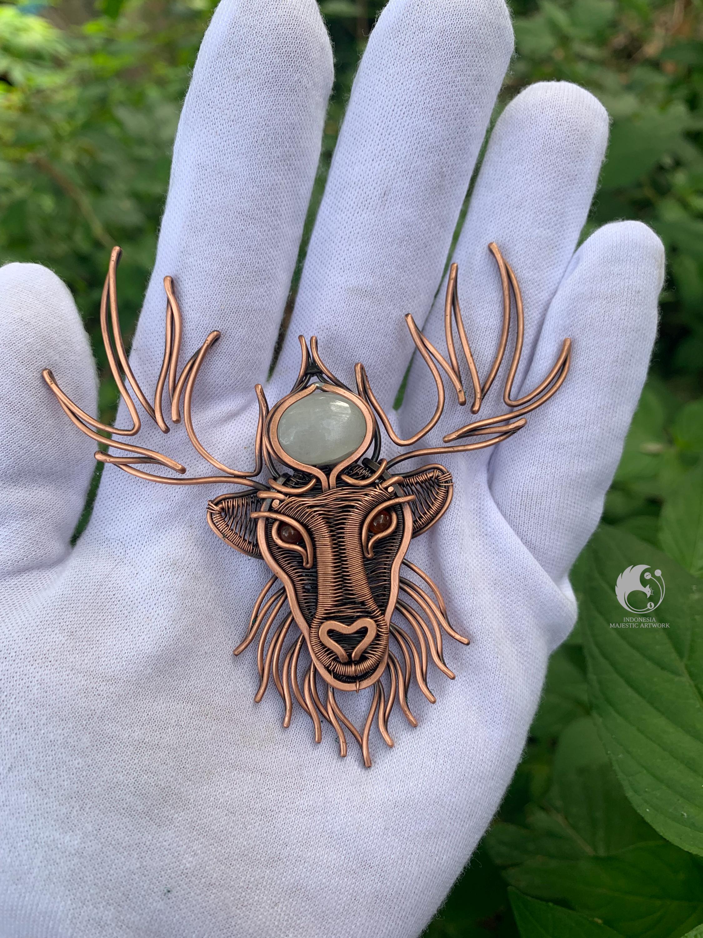 Deer Head Pendant with Moonstone – Wire Wrapped Copper Antler Necklace – Handmade Forest Spirit Animal Jewelry – Nature Gift