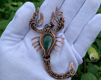 Scorpion Wire Wrapped Pendant with Indonesian Opalized Stone – Handmade Copper Jewelry – Zodiac Scorpio Amulet – Indo Majestic Artwork