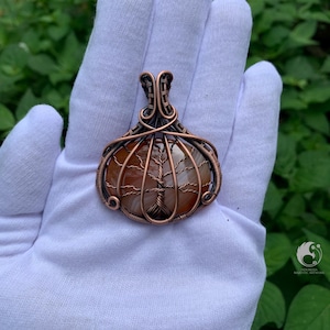 Pingente de abóbora, cornalina, ágata, árvore da vida, fio de cobre, colar de Halloween