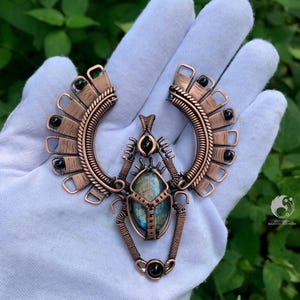 Wire Wrapped Scarab Pendant with Labradorite – Egyptian Style Copper Amulet – Handmade Spiritual Jewelry – Mystic Beetle Necklace