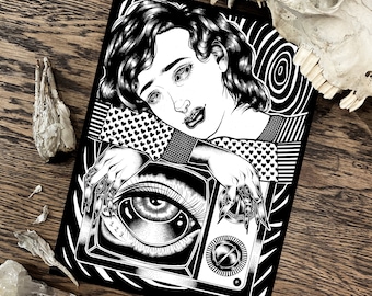 TV Eye Wall Art Print - Gothic Aesthetic Surreal Home Decor - Pen and Ink Horror Poster