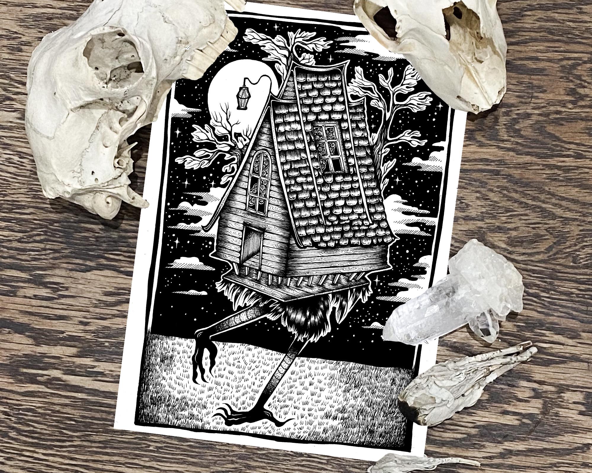 Baba Yaga Wall Art Print - Gothic Folklore Black and White Illustration ...