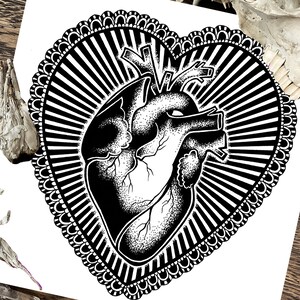 Sacred Heart 20cm Print - Traditional Tattoo Flash Monochrome Wall Art - Black and White Alternative Illustration