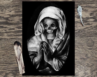 The Virgin In Prayer Wall Art Print - Gothic Macabre Black and White Acrylic Painting Prints