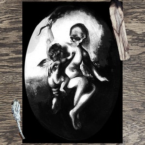May include: A black and white illustration of a skull with a cherub holding onto its arm. The skull is depicted as a woman with a long flowing gown. The cherub is holding a bow and arrow. The illustration is set against a dark background.