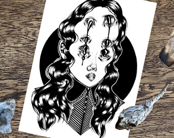 May include: Black and white illustration of a woman with long, wavy hair. Her face has multiple eyes with dripping blood. She is wearing a collared shirt with a striped pattern.