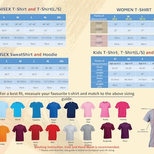 May include: Size chart for t-shirts, sweatshirts, and hoodies in various colors. The chart includes measurements for chest to fit and length in inches and centimeters. The chart also includes washing instructions: Cold and Hand Wash is recommended. *Please note that this size guide is based on European and UK sizing.