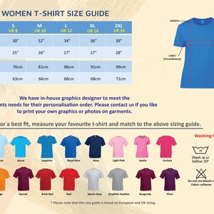 May include: A women's t-shirt size guide with chest measurements from 30" to 39" and lengths from 25" to 28". Includes a diagram of a blue t-shirt and color swatches of various t-shirt colors. Washing instructions are also included.