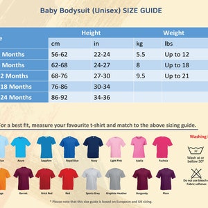 May include: Size chart for baby bodysuits in various colors. The chart shows age in months, height in inches and centimeters, weight in pounds and kilograms.  Washing instructions are included.