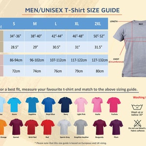 May include: Men's/Unisex T-shirt size guide with chest and length measurements in inches and centimeters. Includes a color chart with Sky Blue, Azure, and other colors. Washing instructions are also provided.