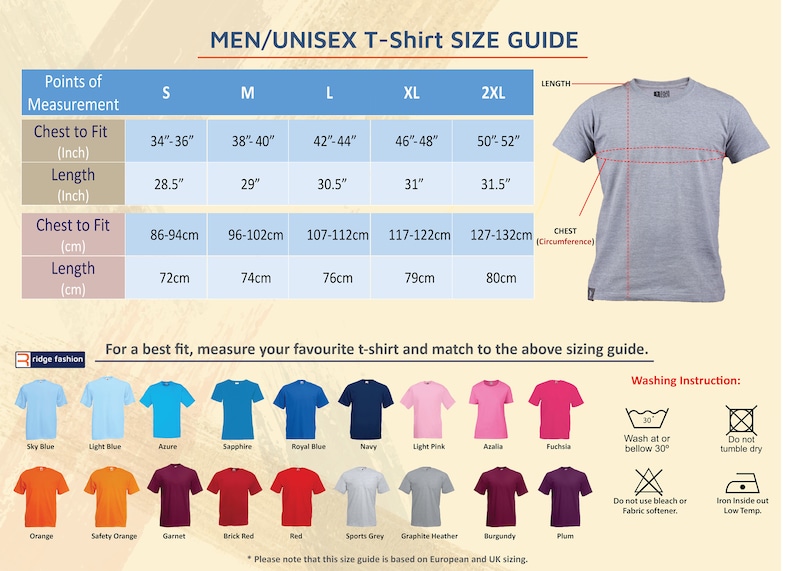 May include: Men's/Unisex T-shirt size guide with chest and length measurements in inches and centimeters. Includes a color chart with Sky Blue, Azure, and other colors. Washing instructions are also provided.