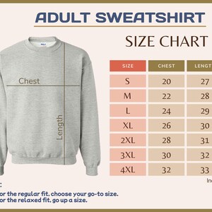 May include: Size chart for adult sweatshirts, showing chest and length measurements in inches for sizes S through 4XL.  The chart is labeled "Adult Sweatshirt Size Chart".