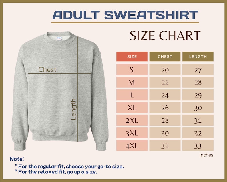 May include: Size chart for adult sweatshirts, showing chest and length measurements in inches for sizes S through 4XL.  The chart is labeled "Adult Sweatshirt Size Chart".