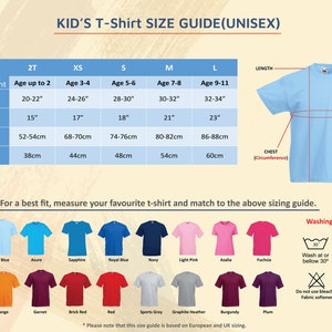 May include: A light blue t-shirt with a size guide for kids. The guide includes chest and length measurements in inches and centimeters for sizes 2T to L. A color chart shows various t-shirt colors.
