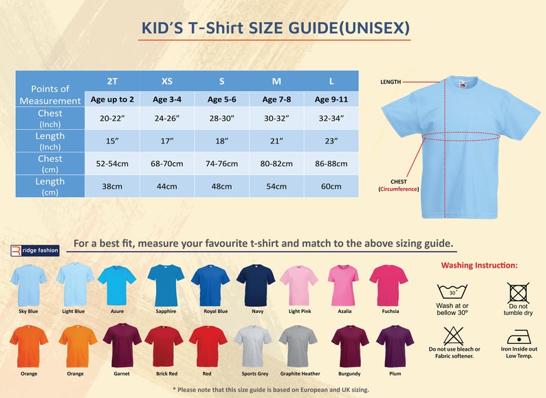 May include: A light blue t-shirt with a size guide for kids. The guide includes chest and length measurements in inches and centimeters for sizes 2T to L. A color chart shows various t-shirt colors.