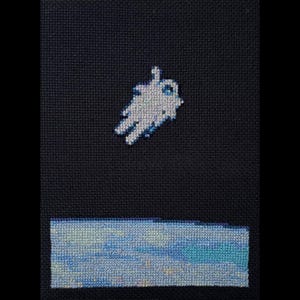 May include: White pixelated ghost figure flying over a blue and white pixelated water surface. The background is black.