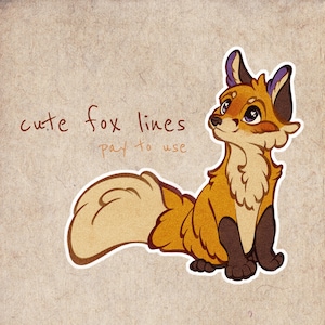 May include: A cartoon illustration of a cute fox with orange fur, a white chest, and a bushy tail. The fox is looking up with a happy expression. The image has the text "cute fox lines pay to use" written on it.